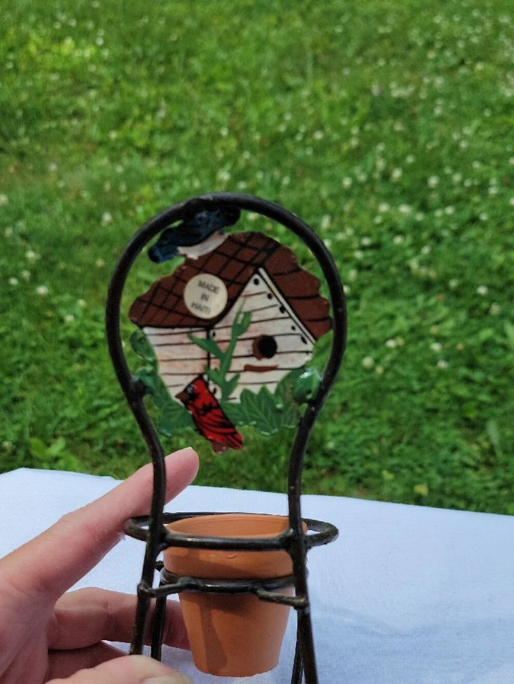 Decorative Iron Mini Chair Planter with Hand-Painted Birdhouse and Cardinal